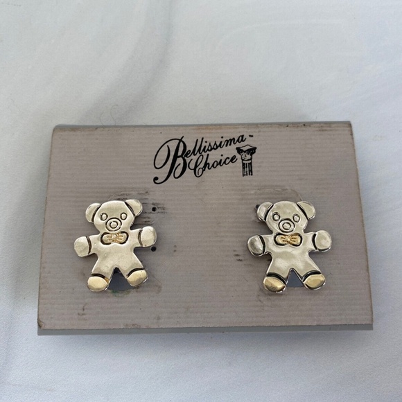 vintahe MJ silver tone clip on earrings teddy bear with goldtone bow - Picture 1 of 4